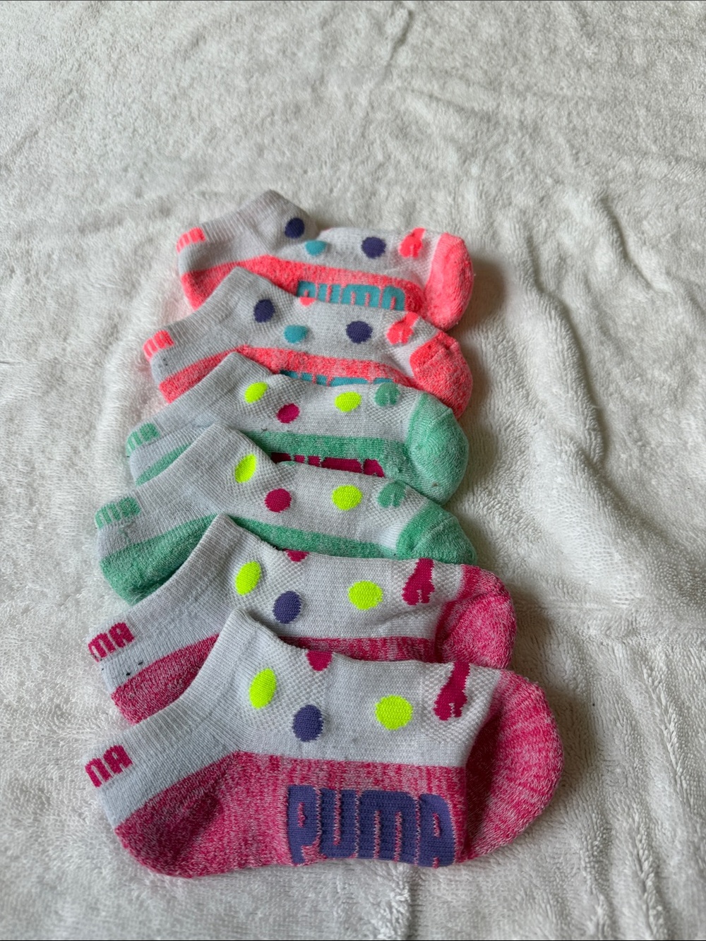 Puma White Ankle Socks with Pink, Green & Neon Dot Accents (6 Pairs)